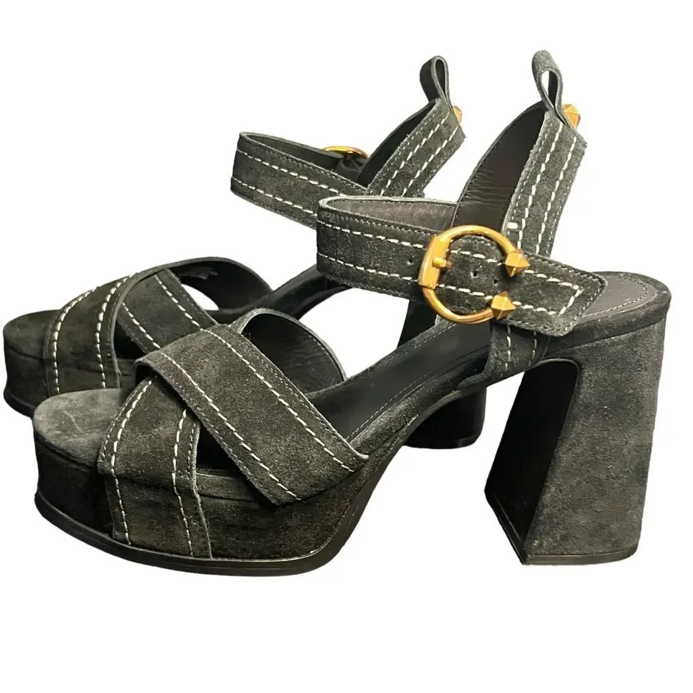 ASH Black Suede Melany Platform Sandal Ankle Strap 70s Retro Size 10 (EU 40)NWOT